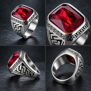 Anello a fascia spessa da uomo JLM all'ingrosso, in vetro premium con gemma, stile retrò con motivo a meandro greco, per feste e motociclisti - Product Image 2