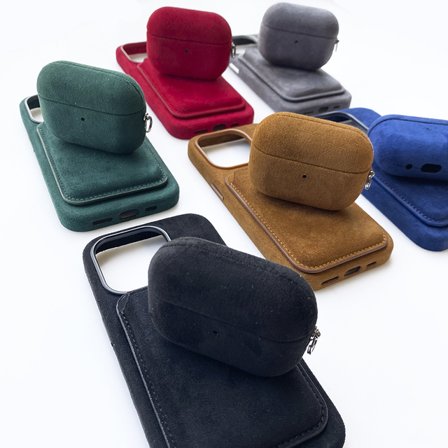 Super Luxury Powerful Magnets Card Holders Genuine Suede Fabric Leather Phone case Set for iPhone 15 for Airpods 3 2case