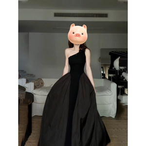 Korean Style Asymmetrical Neckline Pleated Long Dress Black Fitted Waist Evening Dress For Tourism Leisure Beach Daily Dating - Product Image 4