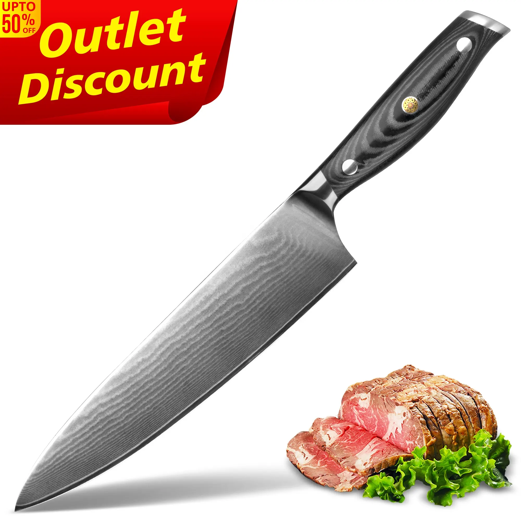 50% off Outlet Customized G10 handle japanese vg10 damascus 67 layers chef knife with logo gift box 001
