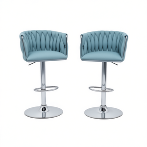 Tabourets de bar avec revêtement en tissu, hauteur réglable, dossier tissé, repose-pieds chromé argenté, bleu, mobilier de bar contemporain moderne - Product Image 1