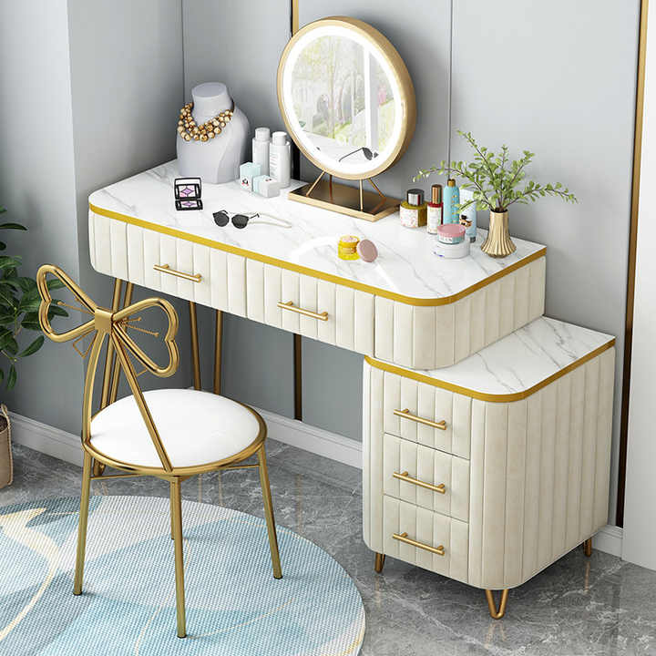 modern style dressing table RENEESME Chinese Solid Wood Dressing Table, Round Mirror Dressing Stool Combination, Bedroom Light Luxury Drawer Storage Cabinet Makeup Vanity Desk Luxury Modern European Style Carving Dressing Table Introducing the epitome of elegance and refinement Elande Modern Dressing Table with