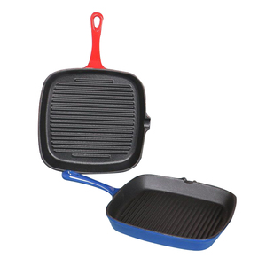 Sartén cuadrada <span class=keywords><strong>de</strong></span> <span class=keywords><strong>hierro</strong></span> <span class=keywords><strong>fundido</strong></span> esmaltada en azul y rojo con ranuras para asar - Product Image 1