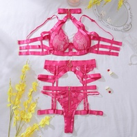Cx0790 femmes dentelle noire artisanat complexe Transparent dentelle florale Lingerie soutien-gorge culotte fermeture éclair entrejambe broderie arc Bondage