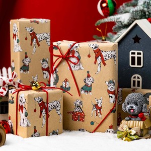 Christmas Dogs Kraft Gift Wrapping Paper with <b>Red</b> <b>Ribbon</b> and Holiday Design for Festive Packaging - Product Image 2