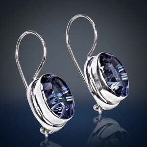 R Art Palace <b>Silver</b> Oval Cut <b>Blue</b> Crystal Drop <b>Earrings</b> Bezel Setting Classic Women's Jewelry - Product Image 1