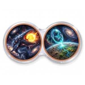 Estupendas 2 piezas de 1 onza de cobre .999, Moneda de Desafío con Relieve 3D, Arte Cósmico UV, con motivos de <span class=keywords><strong>Ballena</strong></span> Espacial, Comedora de Sol, Renacimiento de <span class=keywords><strong>la</strong></span> Tierra y Bebé, tipo Medalla - Product Image 1