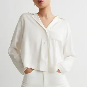 定制女式白色丝绸衬衫上衣女士长袖办公缎丝绸衬衫