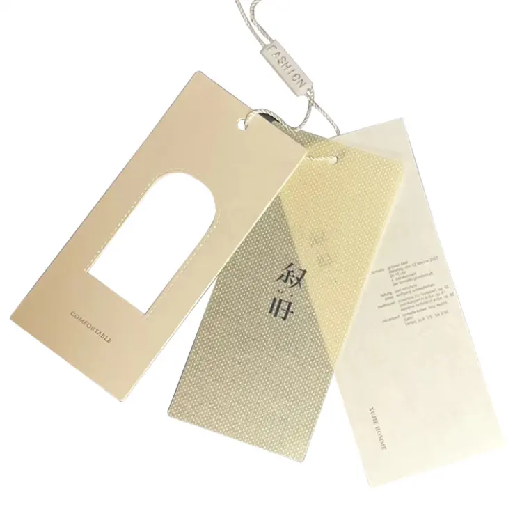 Özel giyim mağazası altın giyim etiket kağıdı sertifika tam renkli baskı kağıdı etiketleri yeni salıncak etiketi-tasarım logosu