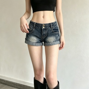 Ins Street Style Vintage Low Waist Washed Cuff Double <b>Button</b> <b>Jeans</b> Hot Girl Low Rise Fashion Crop Denim Shorts - Product Image 4
