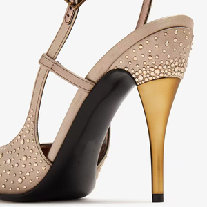 Sandalias de tacón alto de seda doradas para mujer, con punta, correa trasera, pedrería pequeña, estilo stiletto, slingback, para verano - Product Image 5