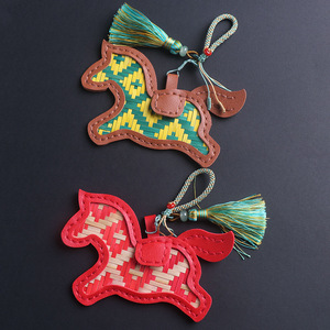 Handmade Pony Keychain Bamboo Leather Charm Cartoon Style Irregular Shape Red Green Color High Quality Bag Pendant - Product Image 2