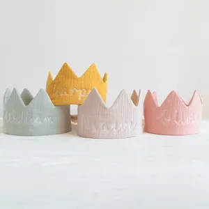 Personalized First Boys Girls Muslin Cotton Fabric Baby Toddler Headband Hat Kids Birthday Crown
