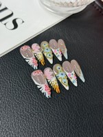 Uñas Postizas de Lujo con Diseño de Stiletto, Cobertura Completa, con Pegamento, Estilo Francés, Flores 3D, Uñas Artificiales para Dedos