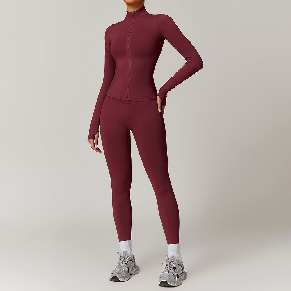 wine red leggings and jacket set