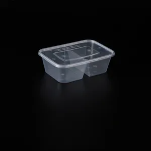 Caja de comida PP desechable rectangular negra transparente a prueba de fugas de 2 compartimentos SF750, recipientes de almuerzo de plástico para microondas