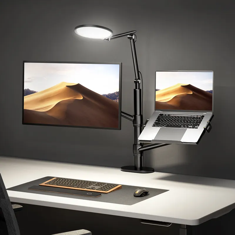 Nouveau design 360 moniteur pivotant et support VESA pour ordinateur portable avec lampe à LED pour les jeux de travail, support de bras d'ordinateur portable pour ordinateur de bureau