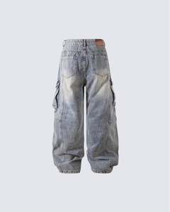 Pantalones Cargo de Mezclilla para Hombre, Cintura Alta, Lavados, Tejido Sólido, Pierna Ancha, Múltiples Bolsillos, Estilo Urbano - Product Image 2