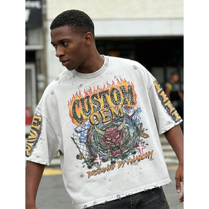 Worn Out OEM Custom Print Dropped Shoulder Boxy Digital Printing Cropped Fit Oversized Streetwear 100% Cotton Men's T-shirt - Product Image 3