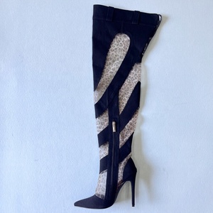 Wholesale Mesh Cut Out Women's Over Knee High Boots Denim Stiletto Heels Leopards <b>Shoes</b> Side Zipper Summer Long Booties - Product Image 1