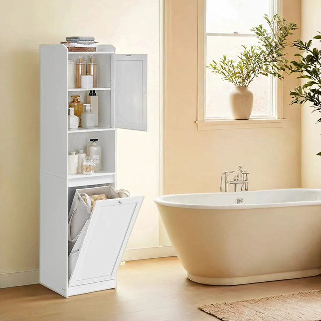 Multifunctional Modern Durable Tall Bathroom Cabinet with Open Compartments & Tilt-Out Hamper-Stylish Linen Storage Solution