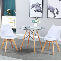 Table de restaurant moderne avec plateau en verre trempé rond pour 4 chaises, pieds en bois, salle à manger, cuisine, table à manger en verre transparent