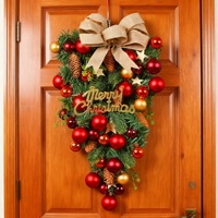Hiasan Pintu Natal Bentuk Pohon Terbalik dengan Pita Goni, Buah Pinus, dan Bola Natal untuk Dekorasi Rumah di Hari Libur