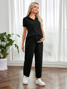 Ensemble de vêtements de grossesse décontractés pour femmes, col polo, boutons sur le devant, taille ajustable, coupe ample, vêtements de détente - Product Image 6