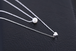 Nouveau <span class=keywords><strong>Collier</strong></span> Simple Cœur d'Amour en Argent Sterling avec Double Rang de <span class=keywords><strong>Perles</strong></span> S925 - Product Image 5