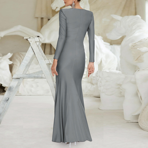 Robe longue de soirée en satin pour femme, manches longues, couleur unie, avec torsion devant et fronces, coupe moulante, rose poudré, pour invitée de mariage - En stock - Product Image 2