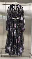Robe longue fluide pour femme à imprimé floral, col à revers, manches longues lanternes, avec ceinture et doublure intégrée