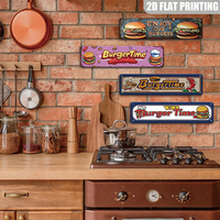 Letrero metálico largo con temática de hamburguesas, decoración retro para pared de cocina de comida rápida, placa de hojalata con efecto envejecido con la frase Enjoy Our Burgers para restaurante