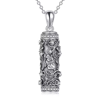 Bijoux de crémation S925 Sterling Silver Oxydé Zircon Fleur Cylindrique Urne Pendentif Collier