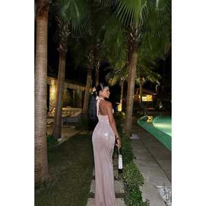 Robe de soirée longue JOLIE pour femme, couleur poudre, style fête, avec appliques de sequins, en polyester tissé et mousseline, coupe Empire, taille XL - Product Image 4