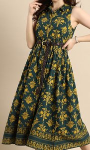 Oferta Especial: Vestido Ramas Kurtis para Mujer, de Algodón Puro, Verde y Amarillo con Estampado Floral, Sin Mangas, Estilo Gótico - Product Image 2