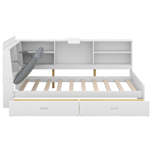 Cama de almacenamiento multifuncional de madera con estantes y cajones para muebles de dormitorio en blanco y gris. - Product Image 4