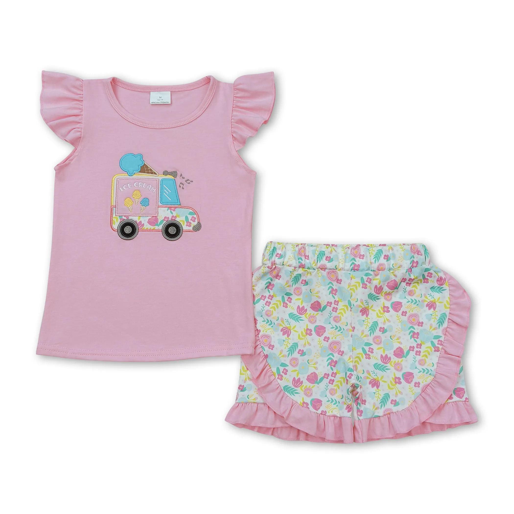GSSO0644 Ice cream car embroidery floral shorts summer set kids clothing girls