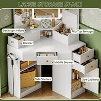 Bureau de maquillage d'angle avec station de charge, miroir et tabouret de rangement, table de maquillage avec tiroirs, étagères rotatives, blanc