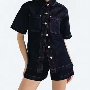 ชุดเซ็ตยีนส์แฟชั่นสำหรับผู้หญิง ดีไซน์ใหม่ คุณภาพสูง เสื้อเชิ้ตยีนส์ปกคอปกแบบลำลอง กางเกงยีนส์ขาสั้นทรงลำลอง ล้างสีแบบแอซิดวอช เหมาะสำหรับฤดูร้อน - Product Image 1