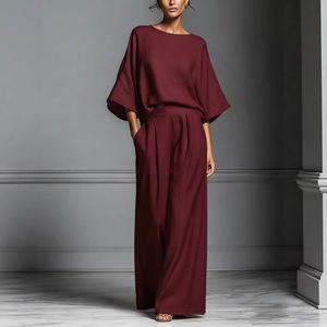 Elegante <span class=keywords><strong>Completo</strong></span> in Lino per <span class=keywords><strong>Donna</strong></span>, Set Estivo Casual con <span class=keywords><strong>Camicia</strong></span> a Maniche 3/4 <span class=keywords><strong>e</strong></span> <span class=keywords><strong>Pantaloni</strong></span> Larghi, Due Pezzi - Product Image 1