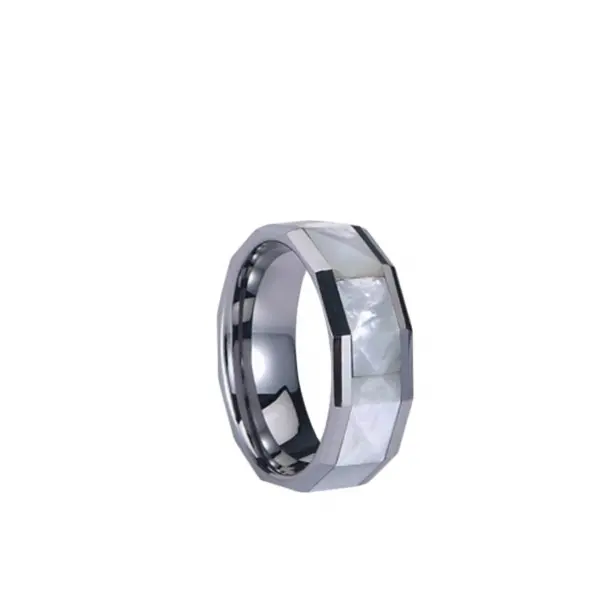 100% Anillo de tungsteno facetado con incrustaciones de concha natural a la venta, anillos de tungsteno al por mayor para hombre 13,5