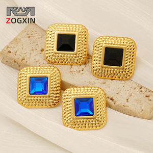 ZOGXIN Square Stud Earrings Gold Tone Blue Black Rhinestone Geometric Design For Women Everyday Wear - Product Image 1