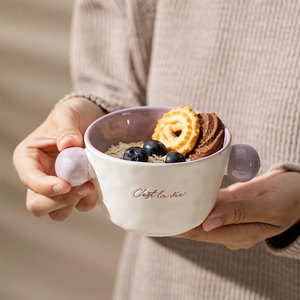 Graziosa Ciotola in Porcellana Fatta a Mano, Bicolore Rosa e Viola, con Manici a Sfera, per Frutta, Zuppa, Dessert, Yogurt, Snack, Avena, Colazione - Product Image 4