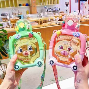 Cartoon Kids Water Bottle With Strap Push Button Cap Bpa Free <b>Plastic</b> Travel <b>Drinkware</b> Green Pink - Product Image 1
