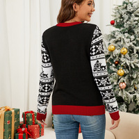 Pull de Noël en tricot noir et rouge pour femme, motif renne cool et flocon de neige, col rond, manches longues, vente en gros