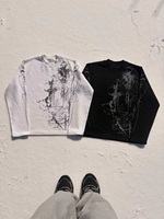 T-shirt à manches longues en tricot gaufré imprimé croix gothique grunge pour homme, coupe courte et ample, thermique, style Darkwear Streetwear graphique