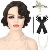 Ensemble de costume Flapper des années 1920, style Great Gatsby, avec perruque bob noire à ondulations fines, accessoires vintage pour femme avec feuilles et strass, kit rétro