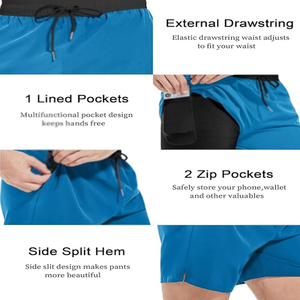 Shorts double couche bleu vif, séchage rapide, extensible, respirant, 2-en-1, pour la course, la gym, l'entraînement, avec ceinture contrastante noire, pour adultes - Product Image 6