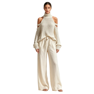 <span class=keywords><strong>Ensemble</strong></span> décontracté 2 pièces pour <span class=keywords><strong>femme</strong></span> : pull en maille à épaules dénudées et <span class=keywords><strong>pantalon</strong></span> large à cordon Sehe Fashion - Product Image 4