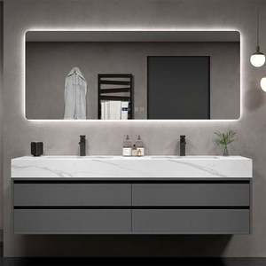 Ensemble de meuble-lavabo en bois noir moderne avec miroir gris monté, style nordique, pour hôtel, toilettes, salle de bain - Product Image 3